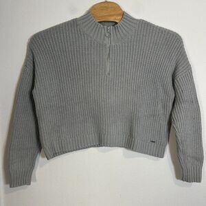 Hollister Boxy‎ Cropped Sweater Women Medium Gray Knitted Long Sleeve 1/4 Zip